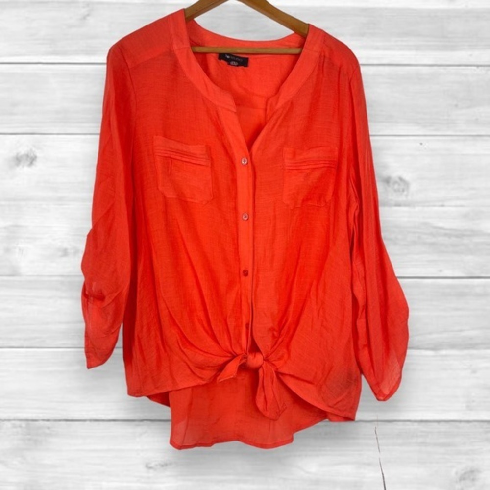 Ab Studio Quarter‎ Sleeve Blouse Tie Knot Button Down XL NEW